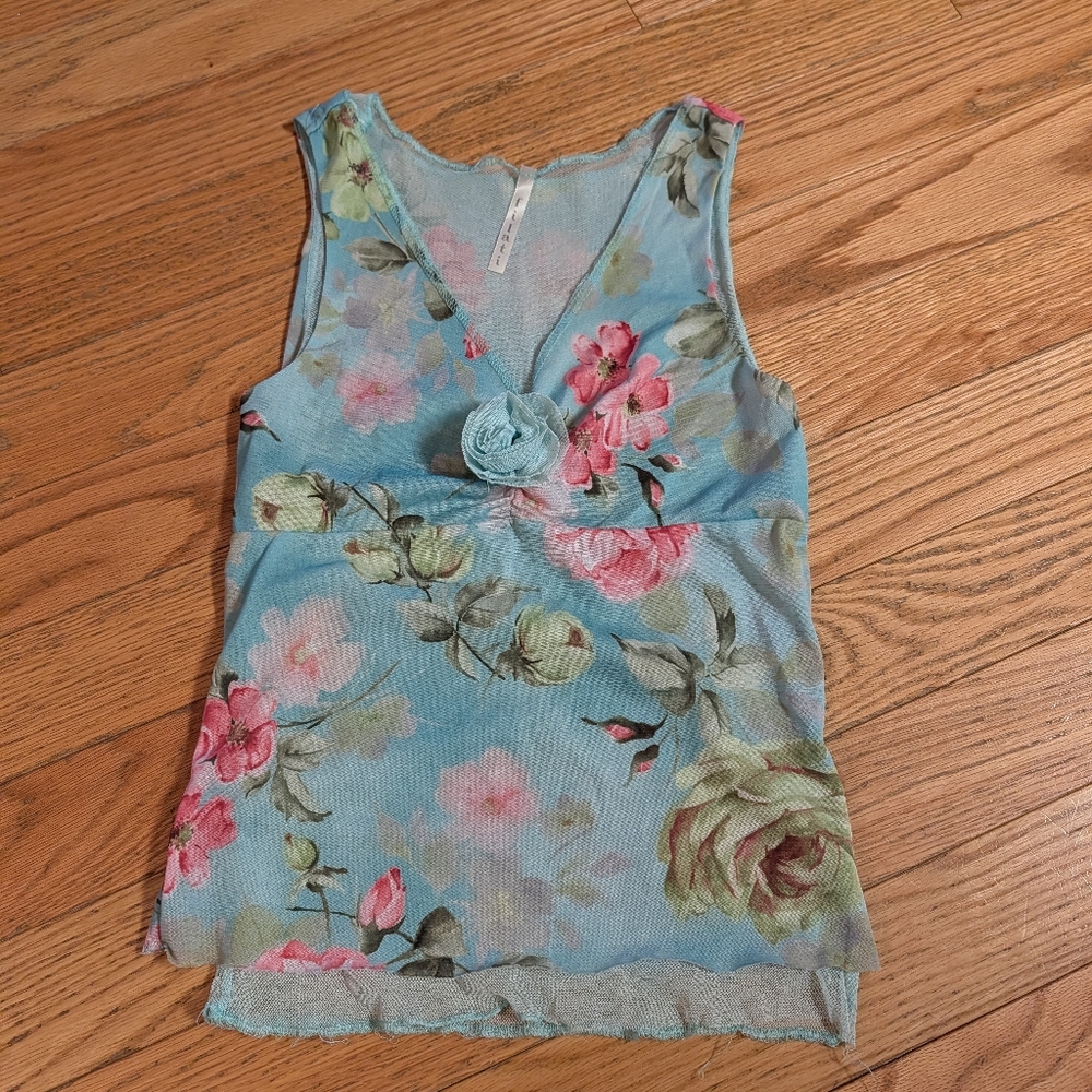Vintage Y2K 2000s Mesh Women's Babydoll Floral Tank Top Sheer Coquette